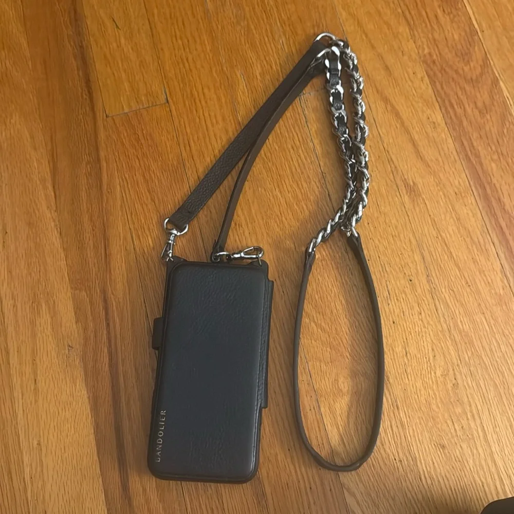 Bandolier Black Leather Phone Crossbody with Silver-Tone Chain Strap